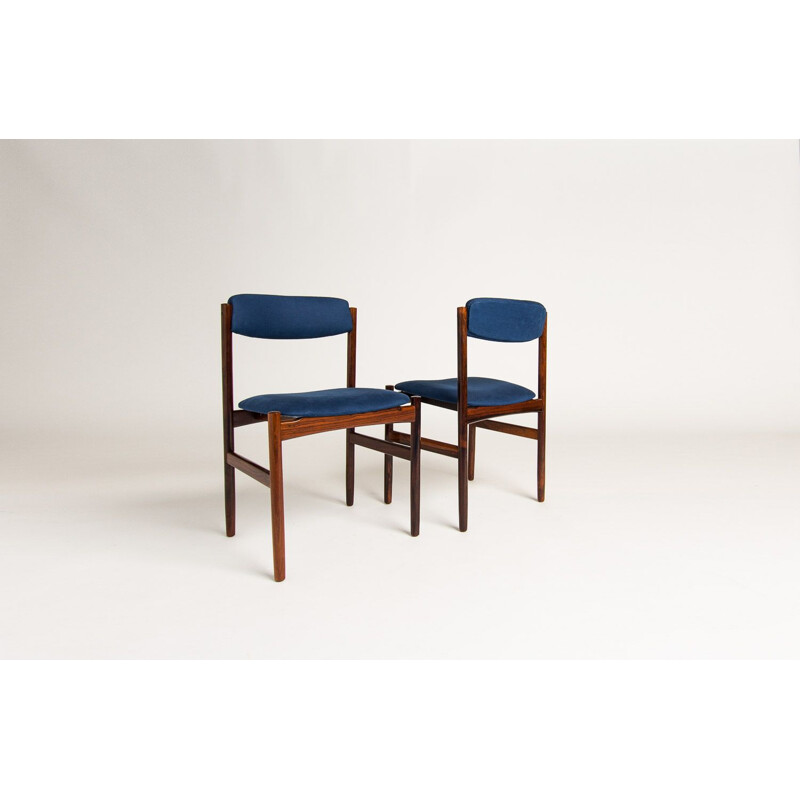 Set of 6 vintage dining chairs in rosewood and blue linen, 1960s