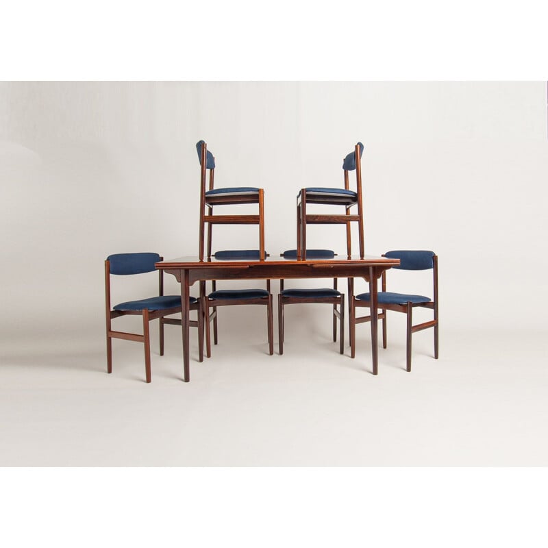 Set of 6 vintage dining chairs in rosewood and blue linen, 1960s