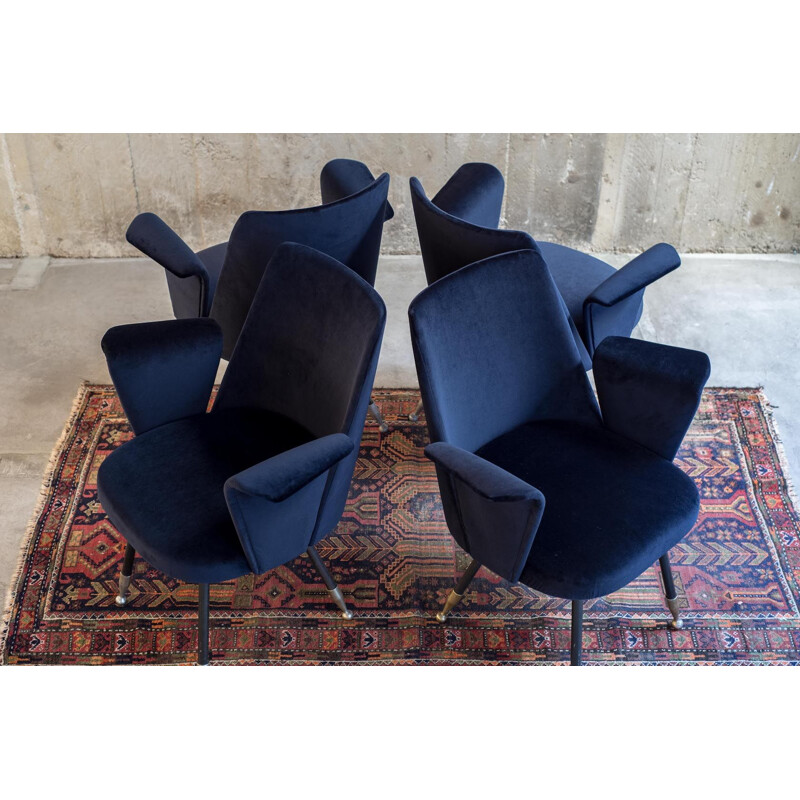 Suite de 4 fauteuils vintage en velours bleu, Italie, 1950