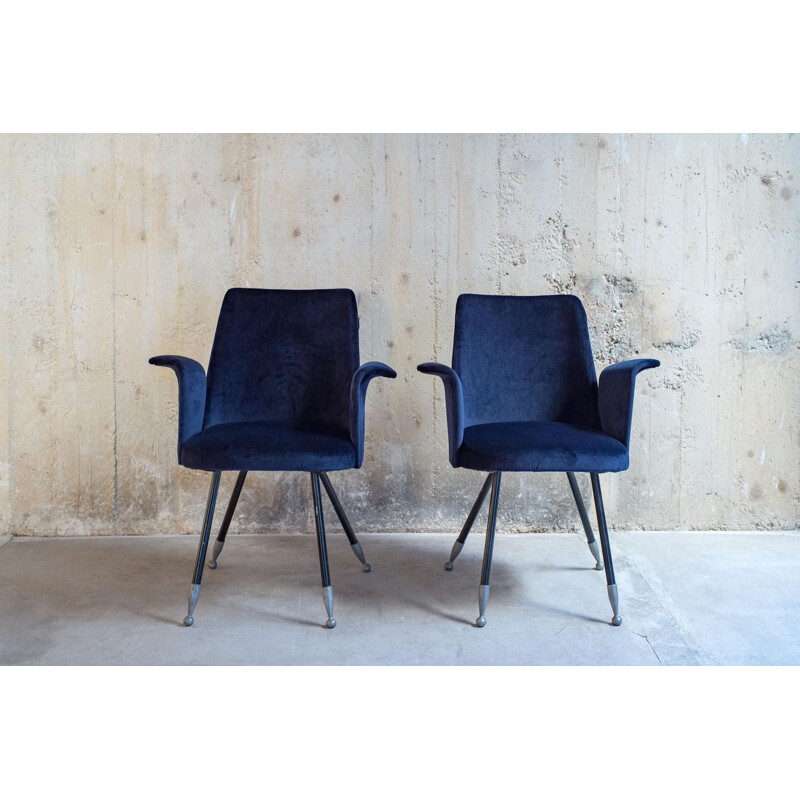 Set of 4 vintage armchairs in blue velvet, Italy, 1950