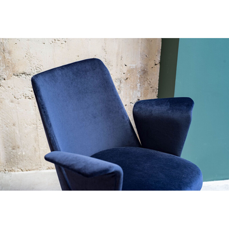Suite de 4 fauteuils vintage en velours bleu, Italie, 1950