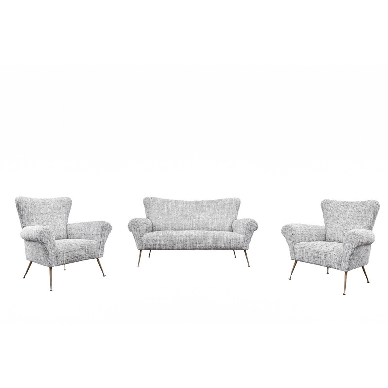Pair of vintage armchairs in Italian grey fabric in the Kennedy style, 1950