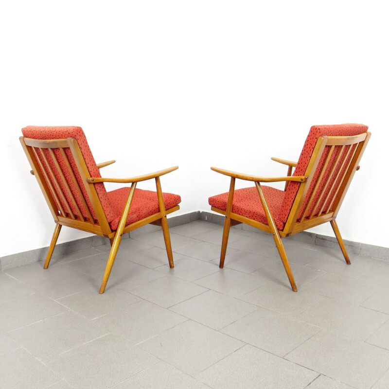 Pair of vintage red armchairs by Ton, 1970