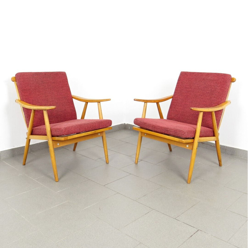 Pair of red vintage armchairs by Ton, 1970