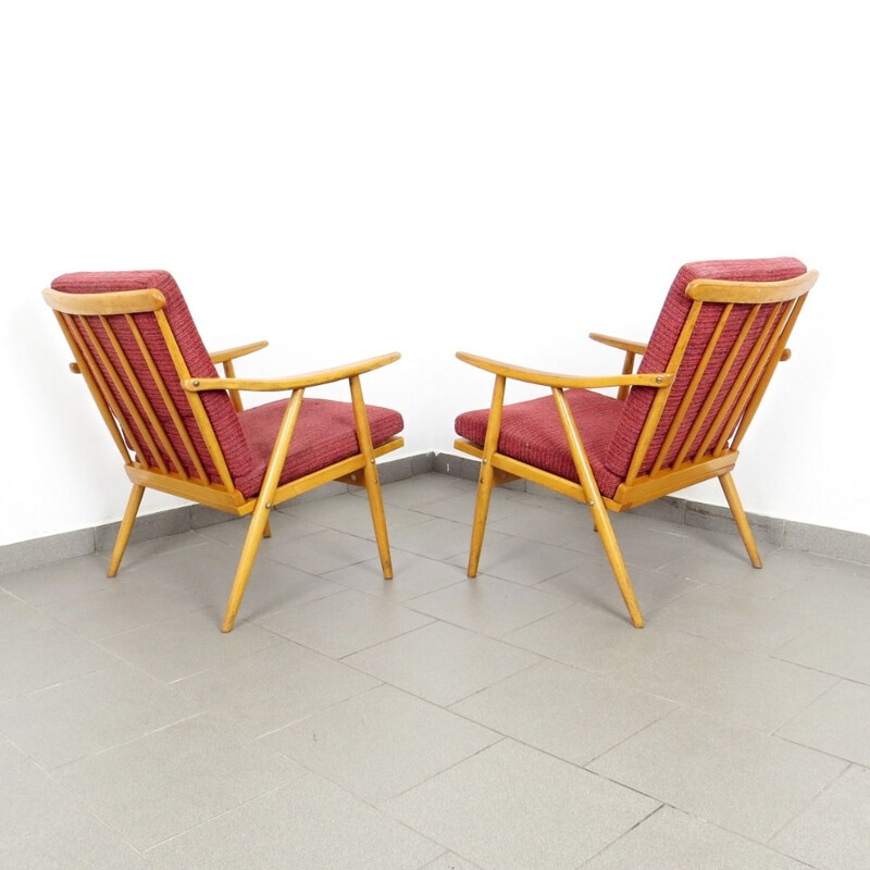 Pair of red vintage armchairs by Ton, 1970