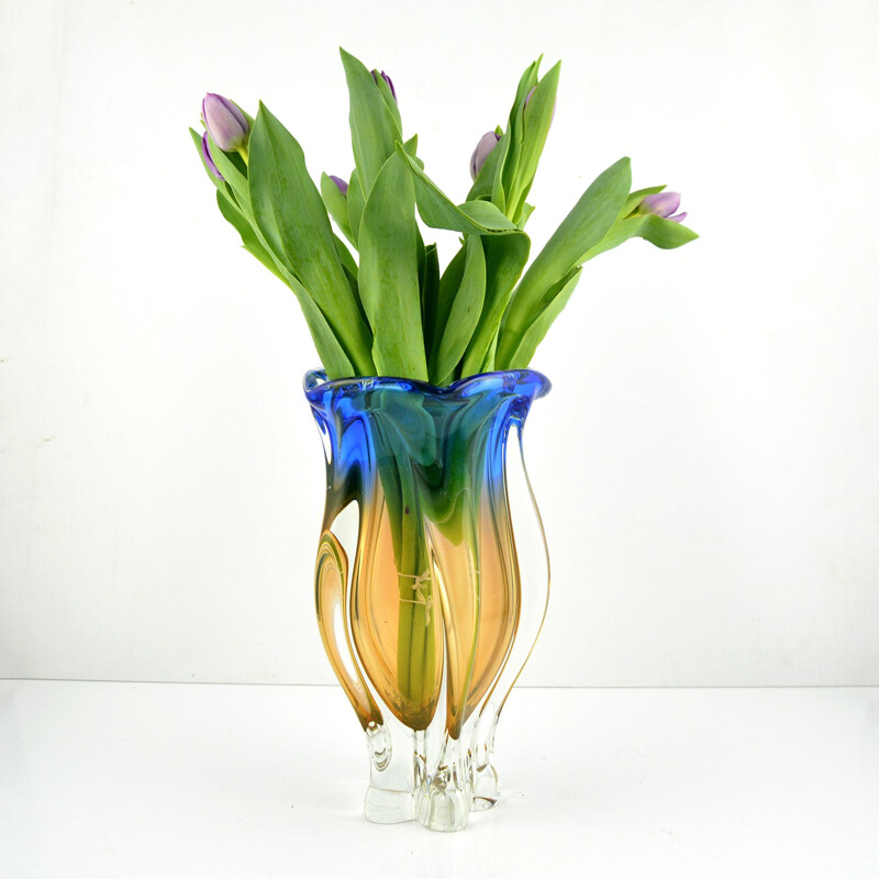 Vintage large glass vase by J. Hospodka Chribska Sklarna, Czechoslovakia, 1960