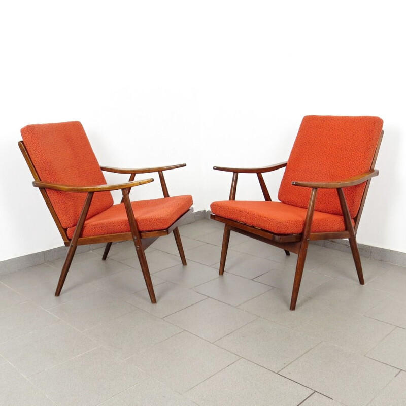Pair of orange vintage armchairs by TON, 1970s