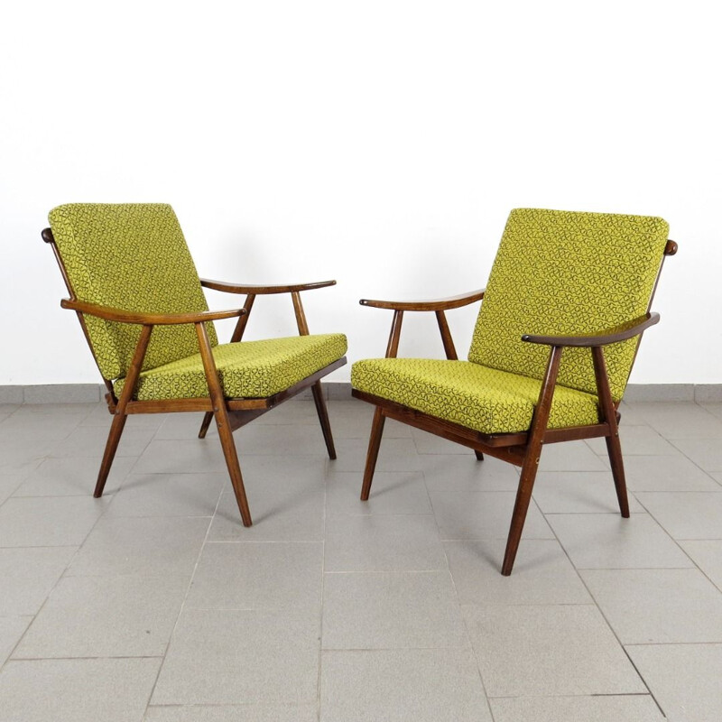 Pair of 2 green vintage armchairs by Ton, 1970s