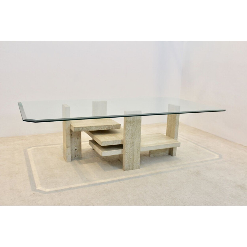 Travertine and glass cubist vintage coffee table by Willy Ballez, 1970s