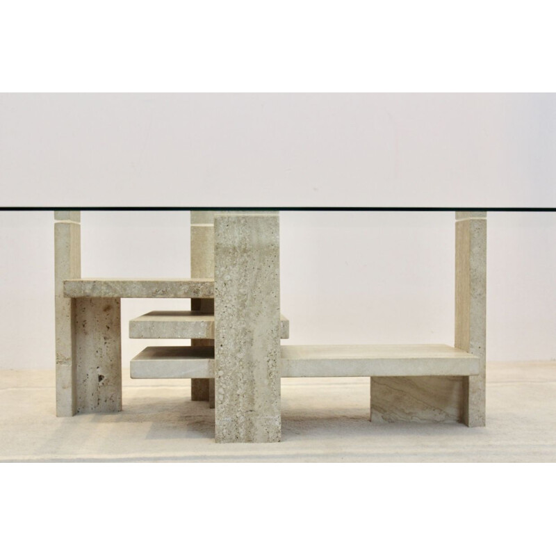 Travertine and glass cubist vintage coffee table by Willy Ballez, 1970s