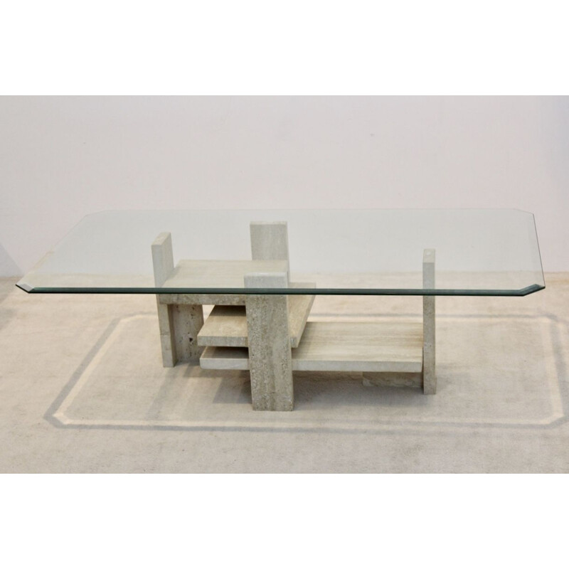 Travertine and glass cubist vintage coffee table by Willy Ballez, 1970s