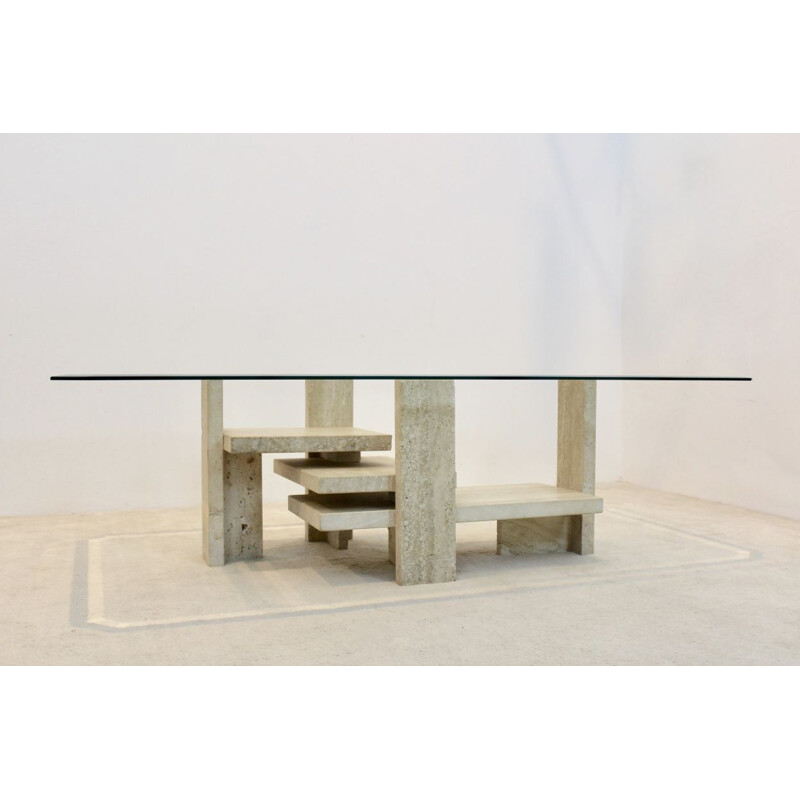 Travertine and glass cubist vintage coffee table by Willy Ballez, 1970s