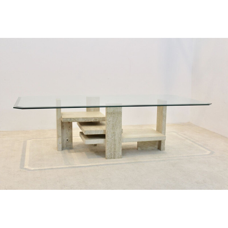 Travertine and glass cubist vintage coffee table by Willy Ballez, 1970s
