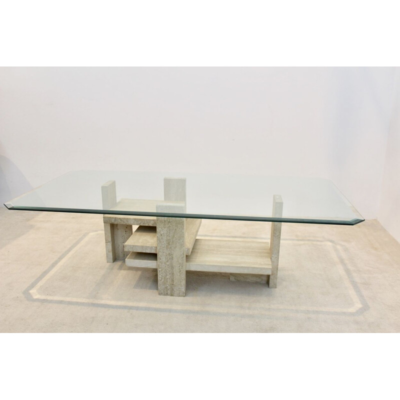 Travertine and glass cubist vintage coffee table by Willy Ballez, 1970s