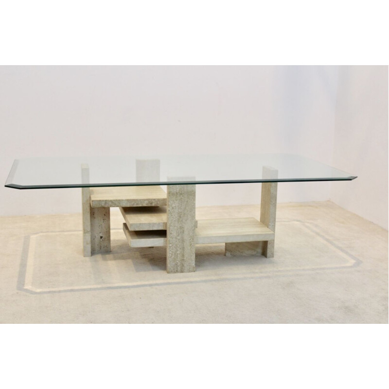 Travertine and glass cubist vintage coffee table by Willy Ballez, 1970s