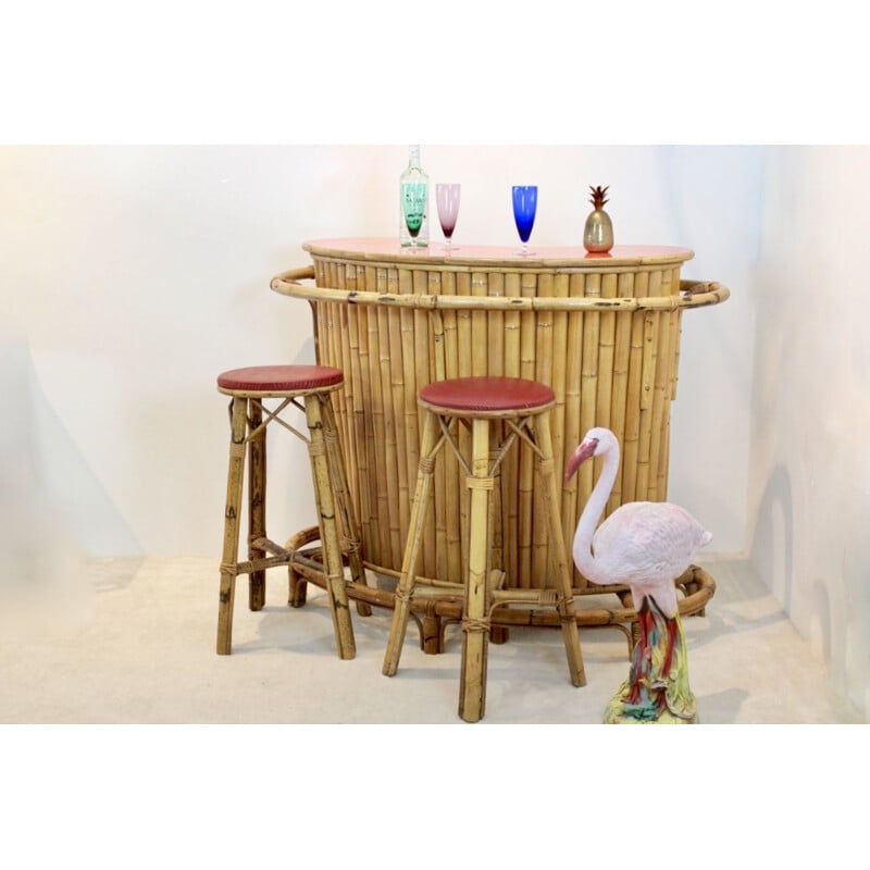 French vintage rattan and bamboo Tiki bar with stools, 1960s