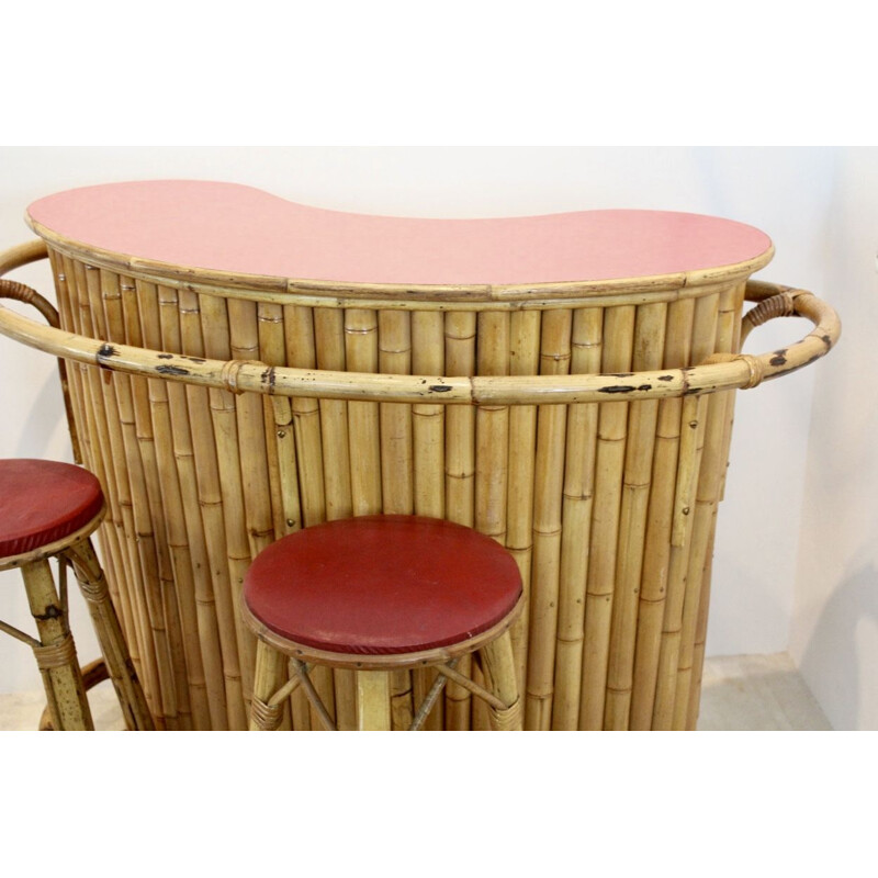 French vintage rattan and bamboo Tiki bar with stools, 1960s