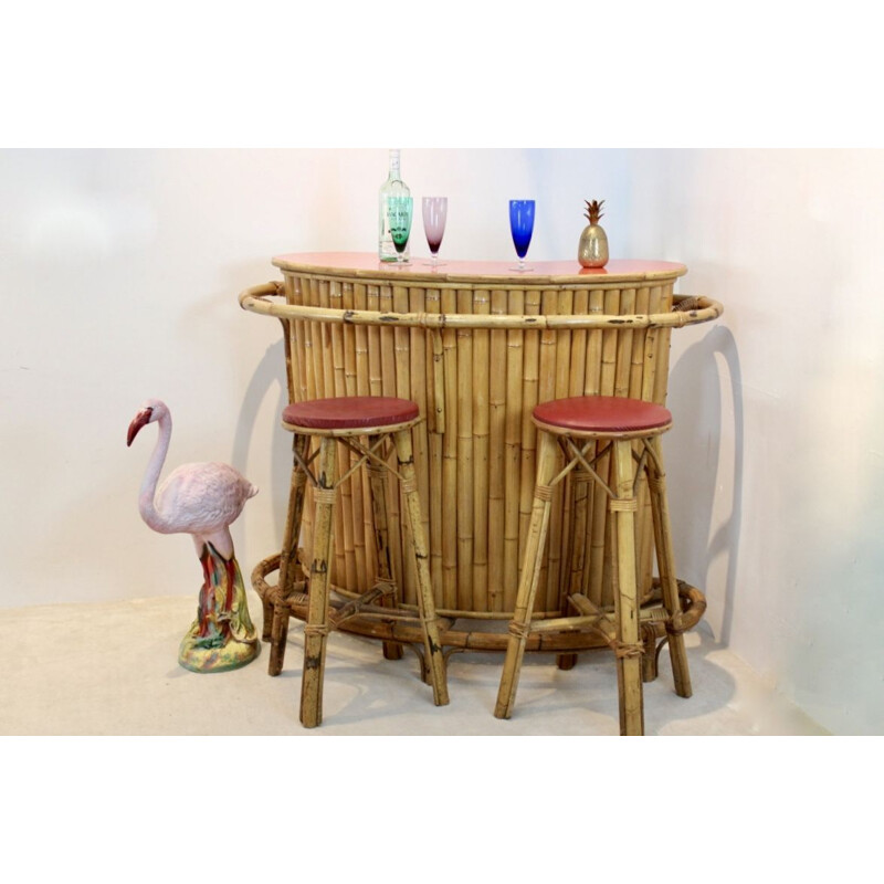 French vintage rattan and bamboo Tiki bar with stools, 1960s
