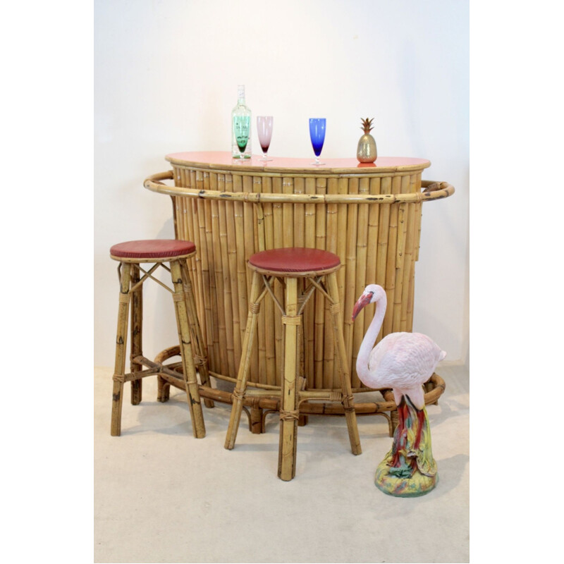 French vintage rattan and bamboo Tiki bar with stools, 1960s