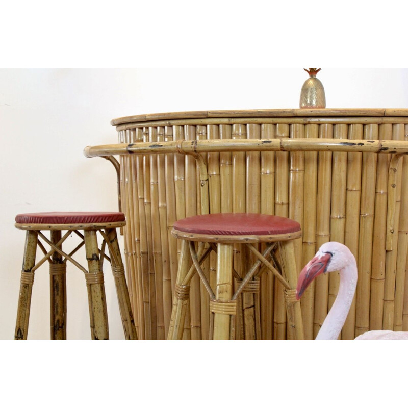 French vintage rattan and bamboo Tiki bar with stools, 1960s