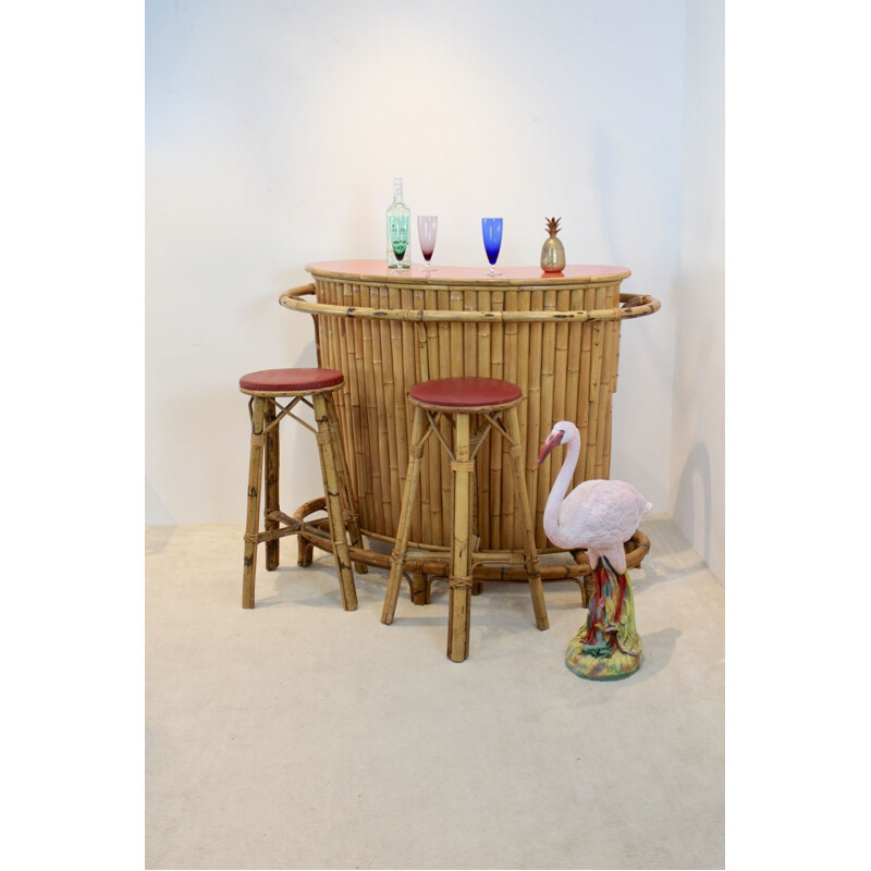 French vintage rattan and bamboo Tiki bar with stools, 1960s