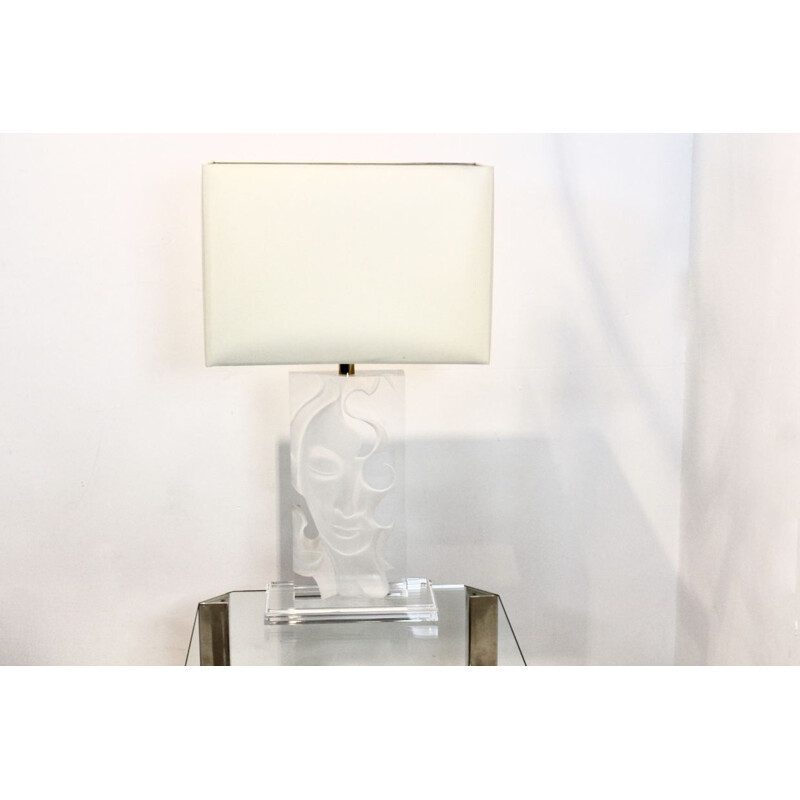 Vintage Buddha Lucite and Brass Table Lamp, 1970s