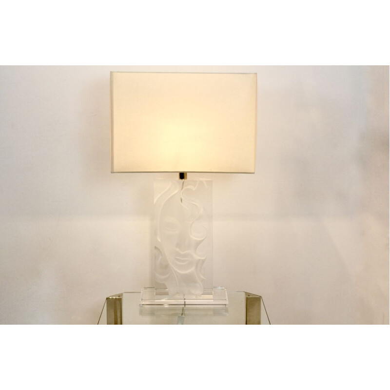 Vintage Buddha Lucite and Brass Table Lamp, 1970s