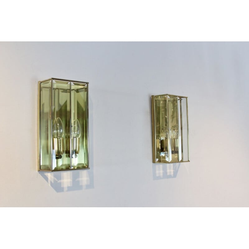 Vintage Pair of glass and brass wall lamp, France