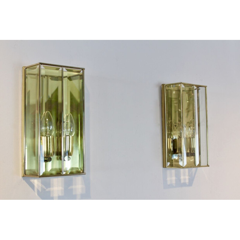 Vintage Pair of glass and brass wall lamp, France