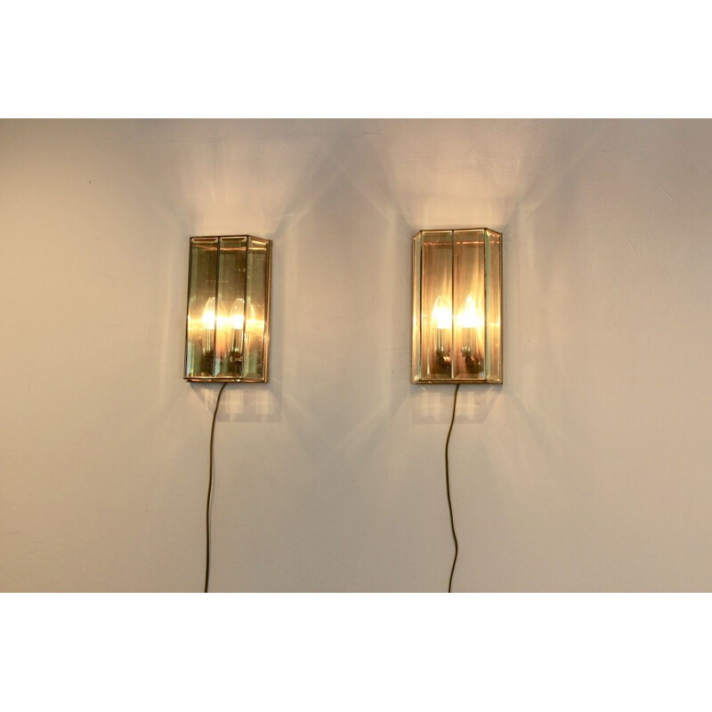 Vintage Pair of glass and brass wall lamp, France