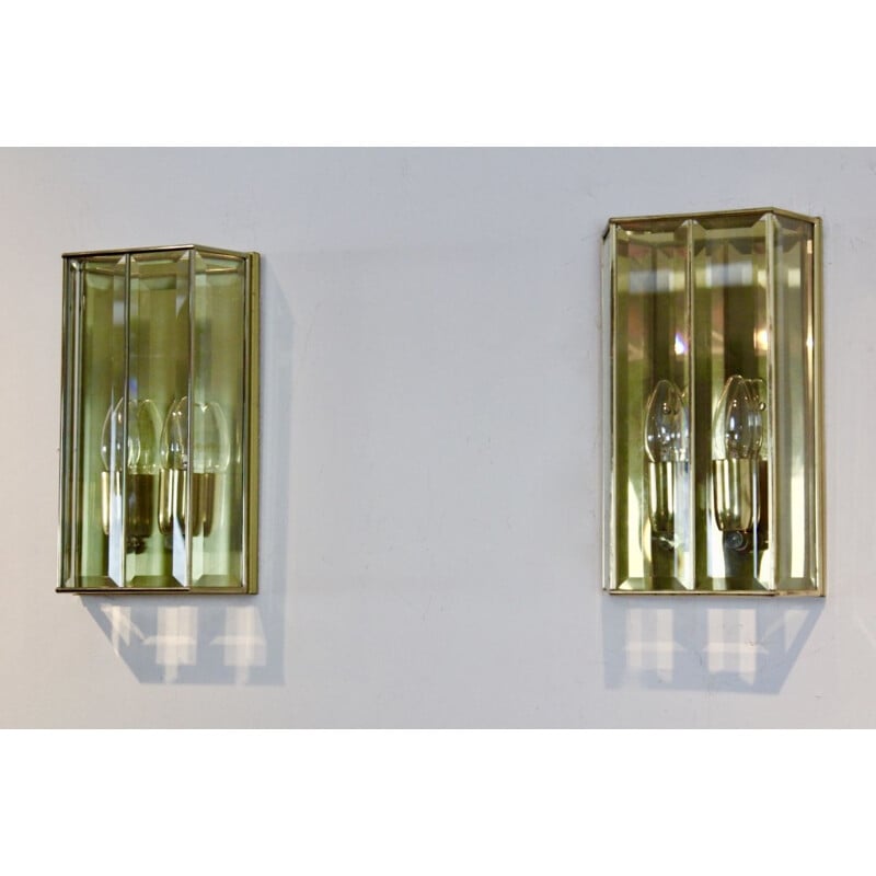 Vintage Pair of glass and brass wall lamp, France