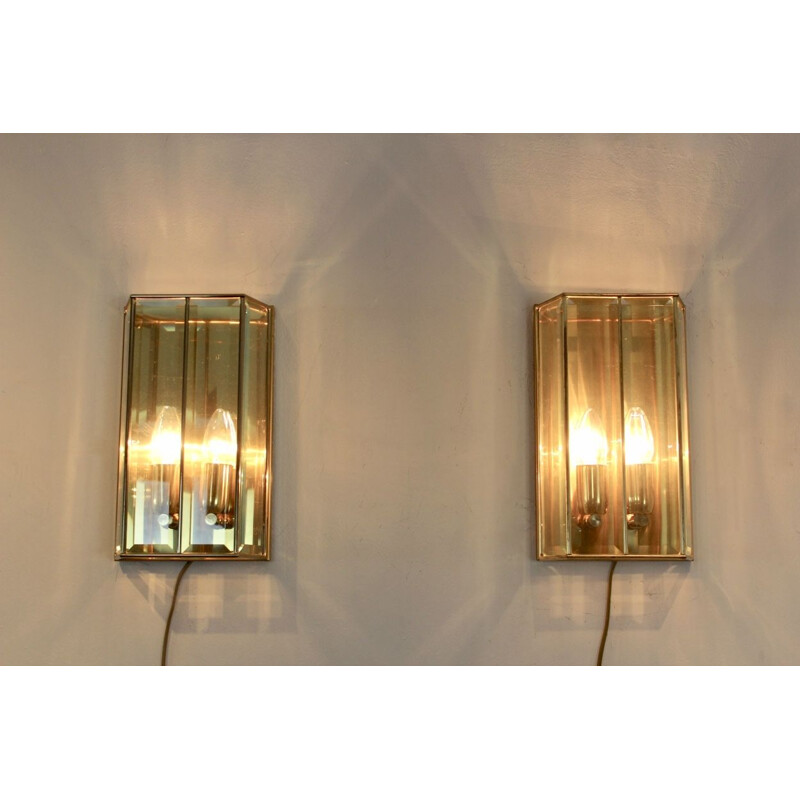 Vintage Pair of glass and brass wall lamp, France