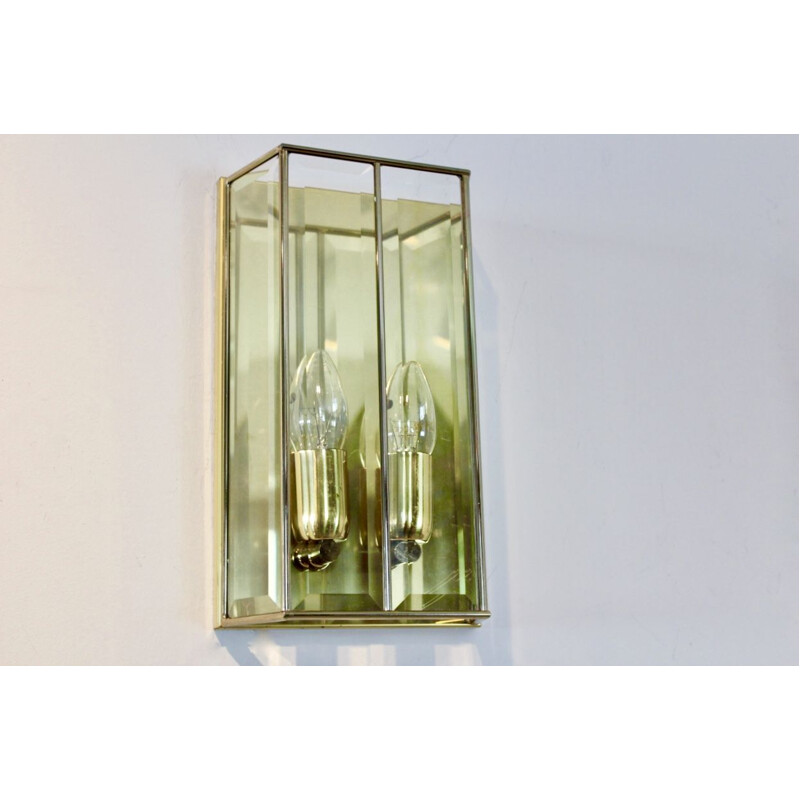 Vintage Pair of glass and brass wall lamp, France