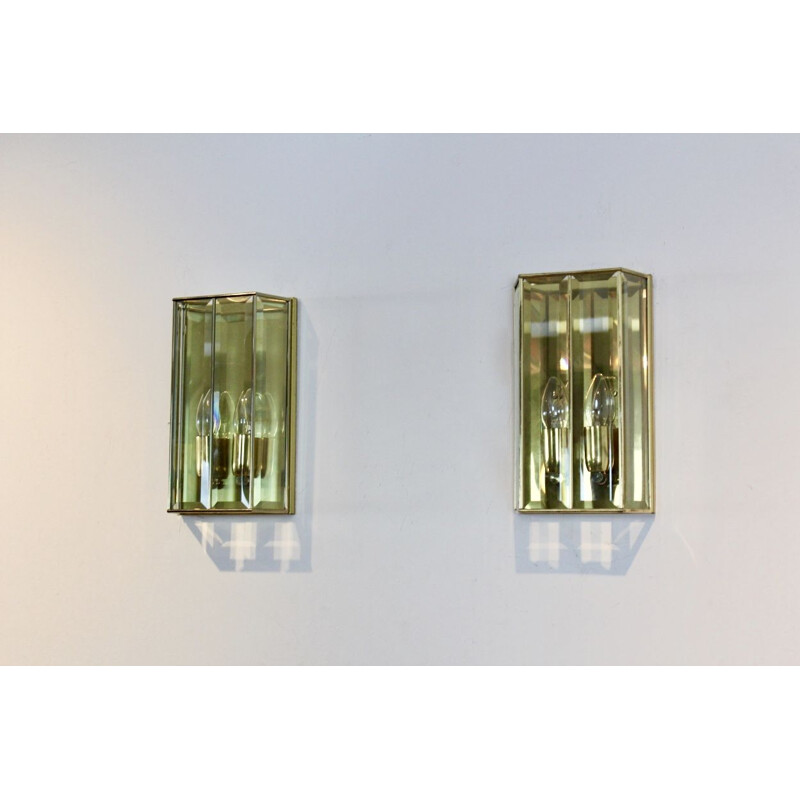 Vintage Pair of glass and brass wall lamp, France