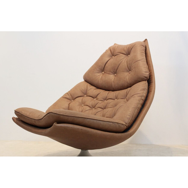 Vintage Artifort F588 Swivel Chair in Cognac Leather by Geoffrey Harcourt, 1960s