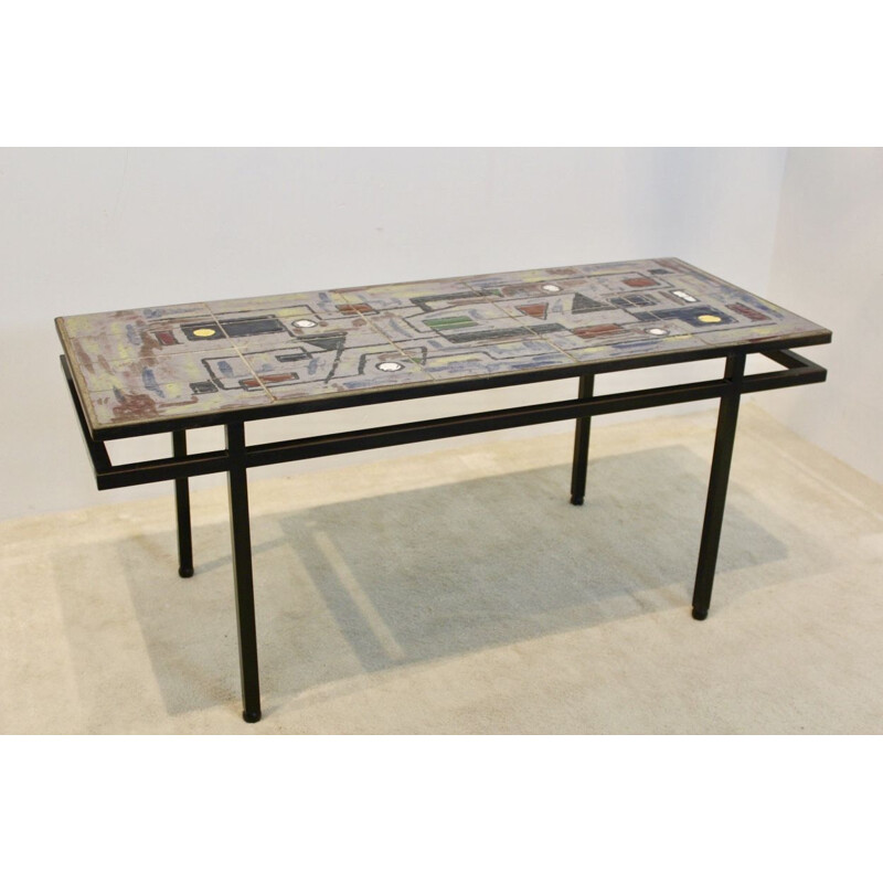 Table brutaliste vintage en céramique et métal, 1970