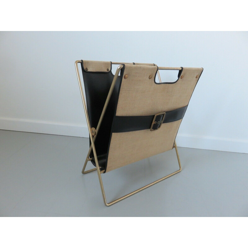 Vintage magazine rack in metal, skai and canvas 1950