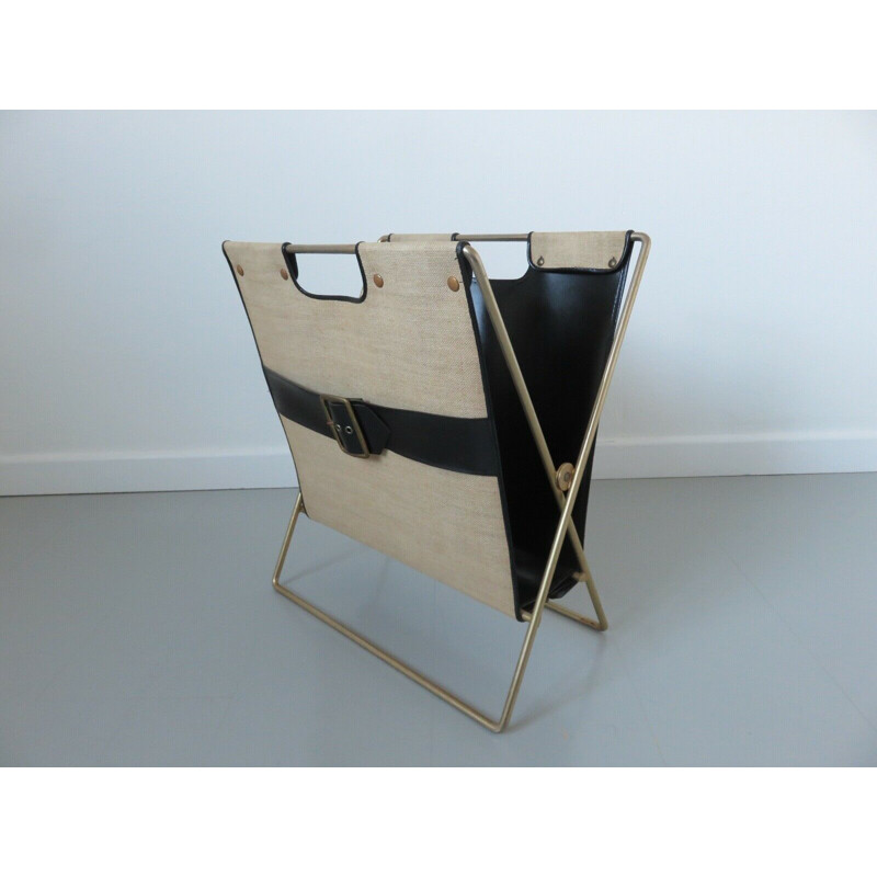 Vintage magazine rack in metal, skai and canvas 1950