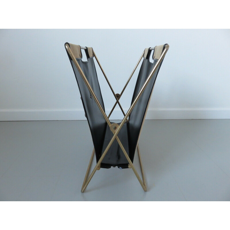 Vintage magazine rack in metal, skai and canvas 1950