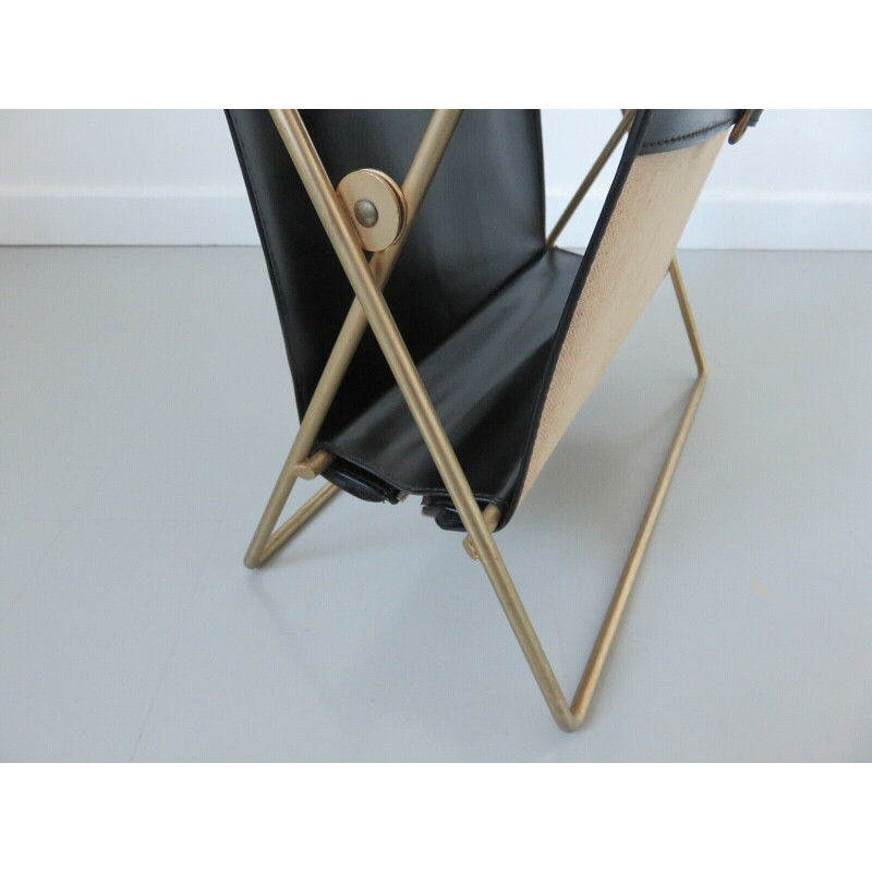 Vintage magazine rack in metal, skai and canvas 1950