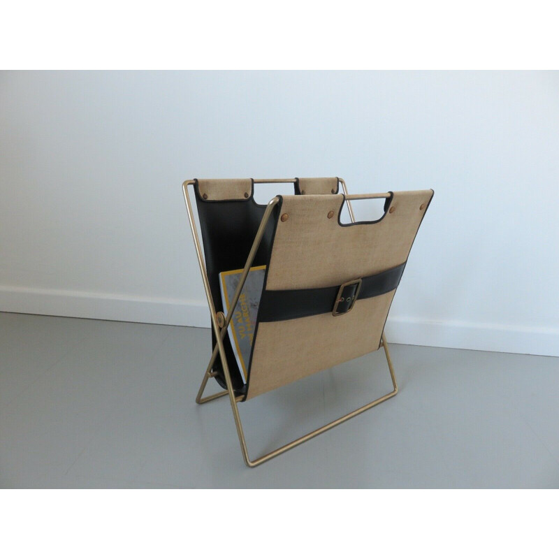 Vintage magazine rack in metal, skai and canvas 1950