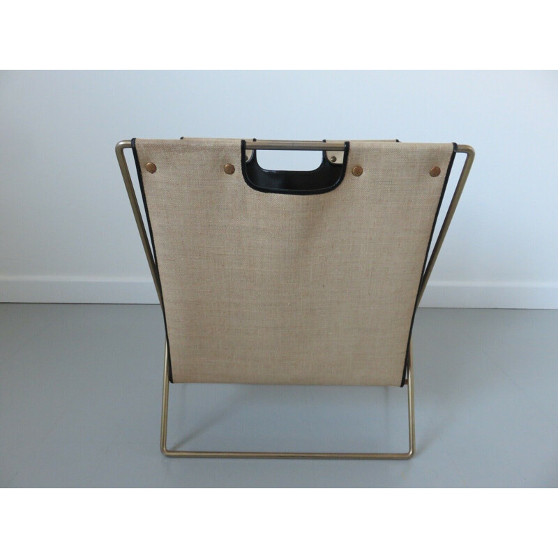 Vintage magazine rack in metal, skai and canvas 1950