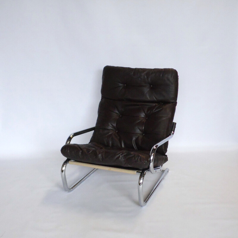 Vintage armchair in leather and chrome, Sweden 1970