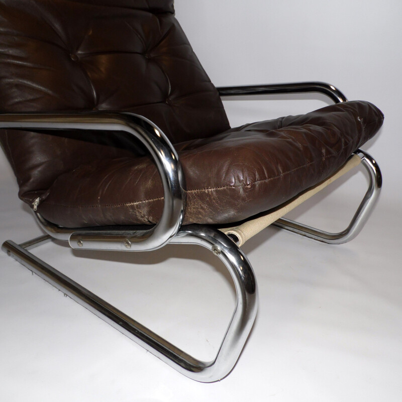 Vintage armchair in leather and chrome, Sweden 1970