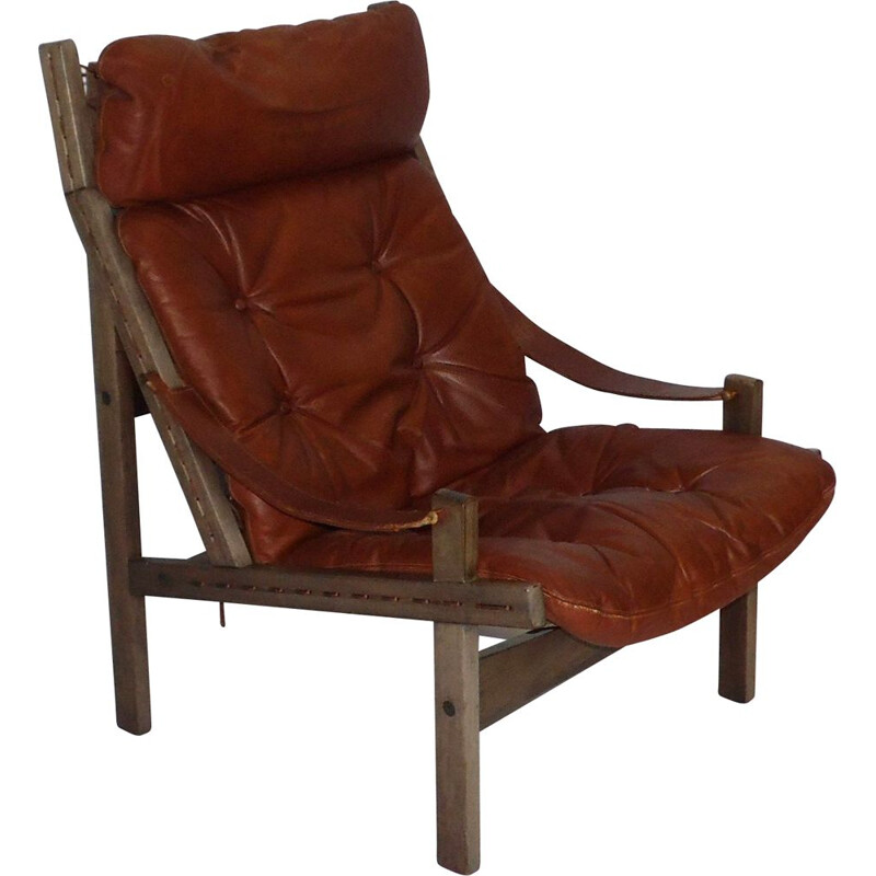 Fauteuil vintage "Hunter" en cuir et bois de Torbjorn Afdal 1970