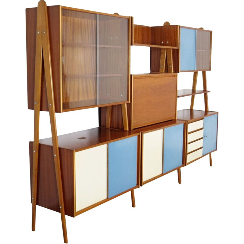 Vintage shelves in wood and glass Czechoslovakia 1960