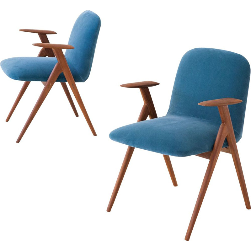 Set of 2 vintage blue velvet and teak armchairs, 1950s