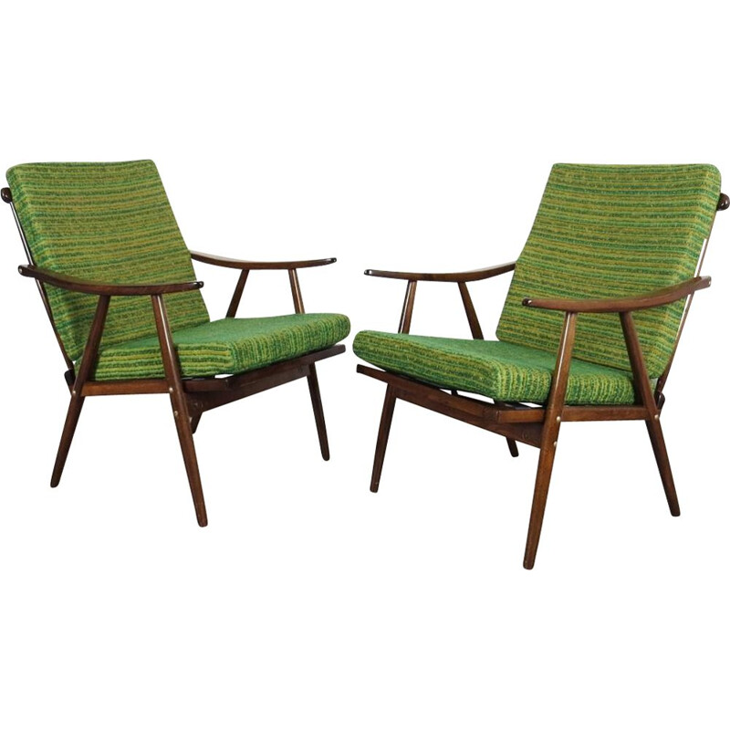 Ensemble de 2 fauteuils verts vintage par Ton, 1970