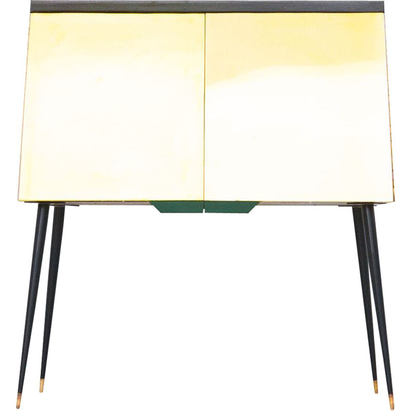 Vintage black lacquered wood brass and iron console, 1950s