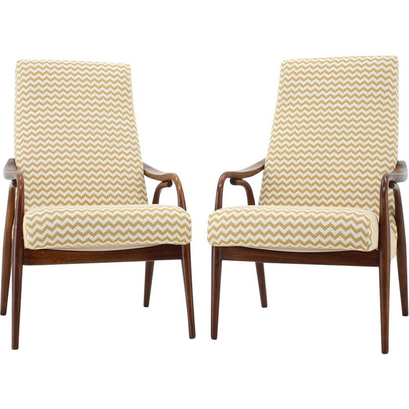 Set of 2 vintage beech with patterns armchairs, Czechoslovakia, 1960s